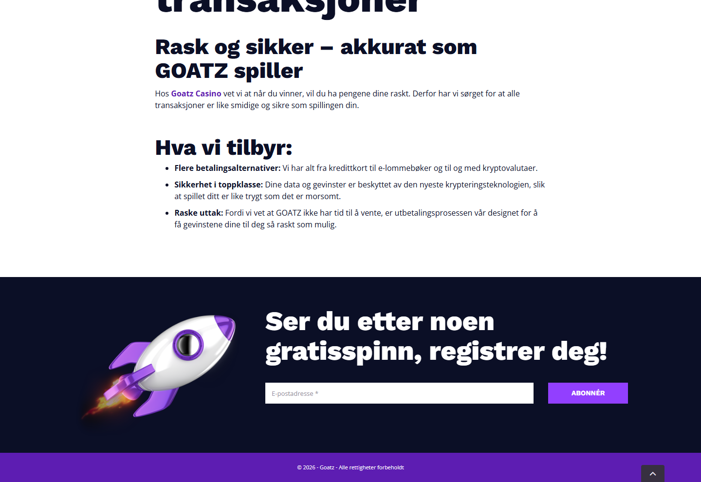 Skjermbilde av avsnittet «Hva vi tilbyr» på Goatz sin transaksjonsside, med tre kulepunkter om betalingsalternativer, sikkerhet og uttak