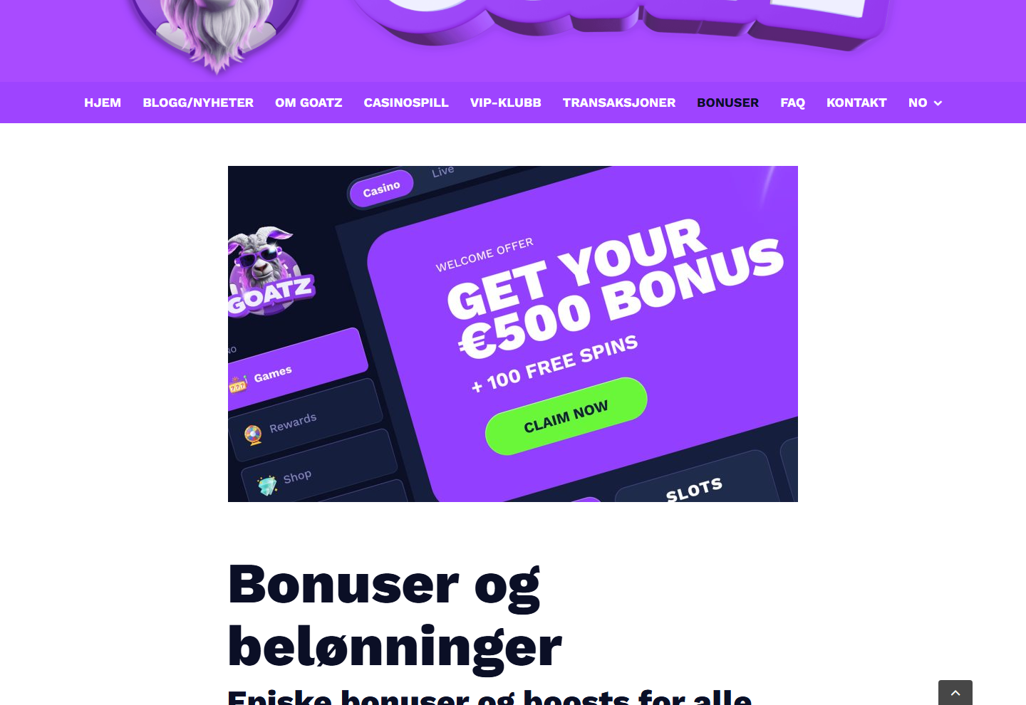Toppen av bonussiden til Goatz med kampanjebilde om 500 euro velkomstbonus og 100 gratisspinn