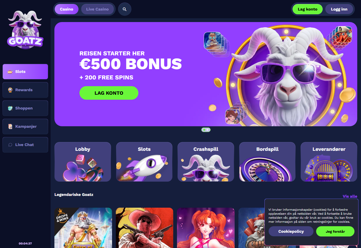 Skjermbilde av Goatz-lobbyen med kampanjebanner om 500 euro bonus og 200 gratisspinn, kategorifliser og spillrad
