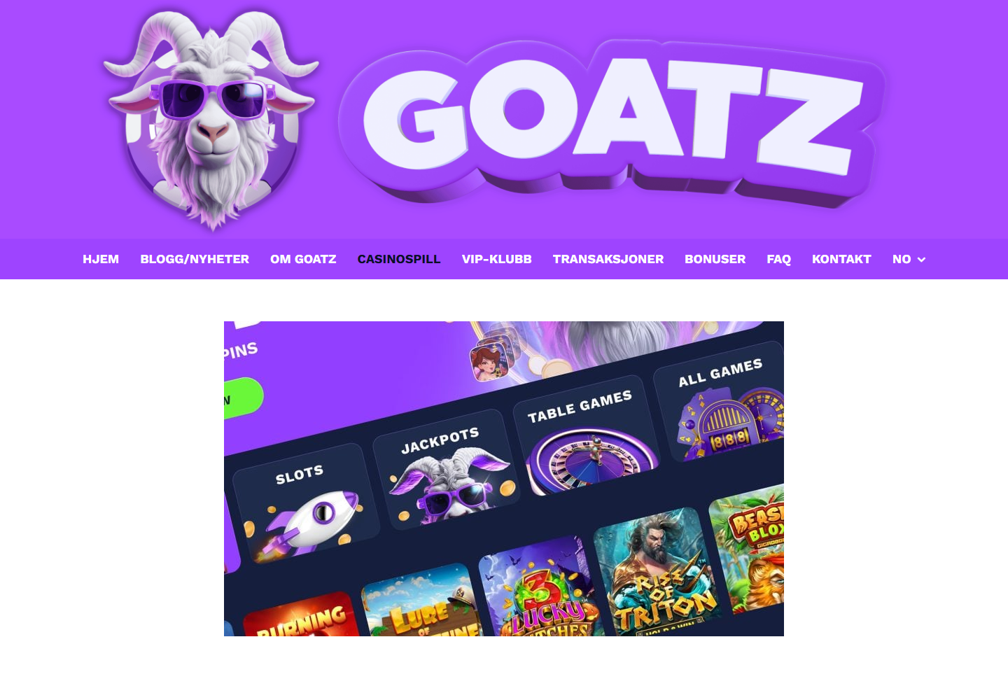 Toppen av spillsiden til Goatz med et markedsføringsbilde av lobbyen og kategoriene Slots, Jackpots, Table Games og All Games